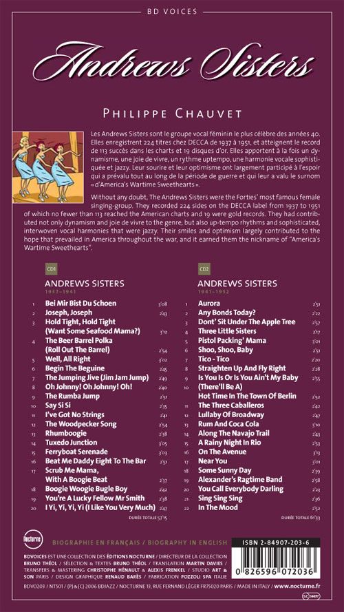 Verso de l'album BD Voices Andrews Sisters