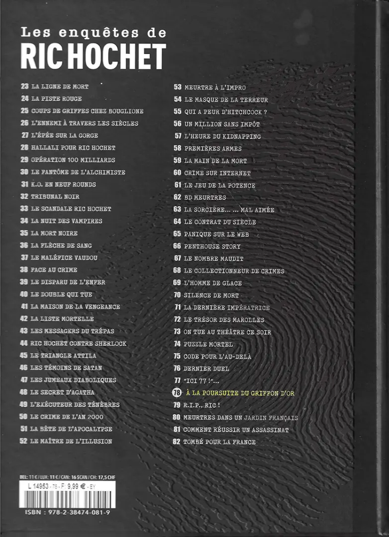 Verso de l'album Les enquêtes de Ric Hochet Tome 78 A la poursuite du griffon d'or