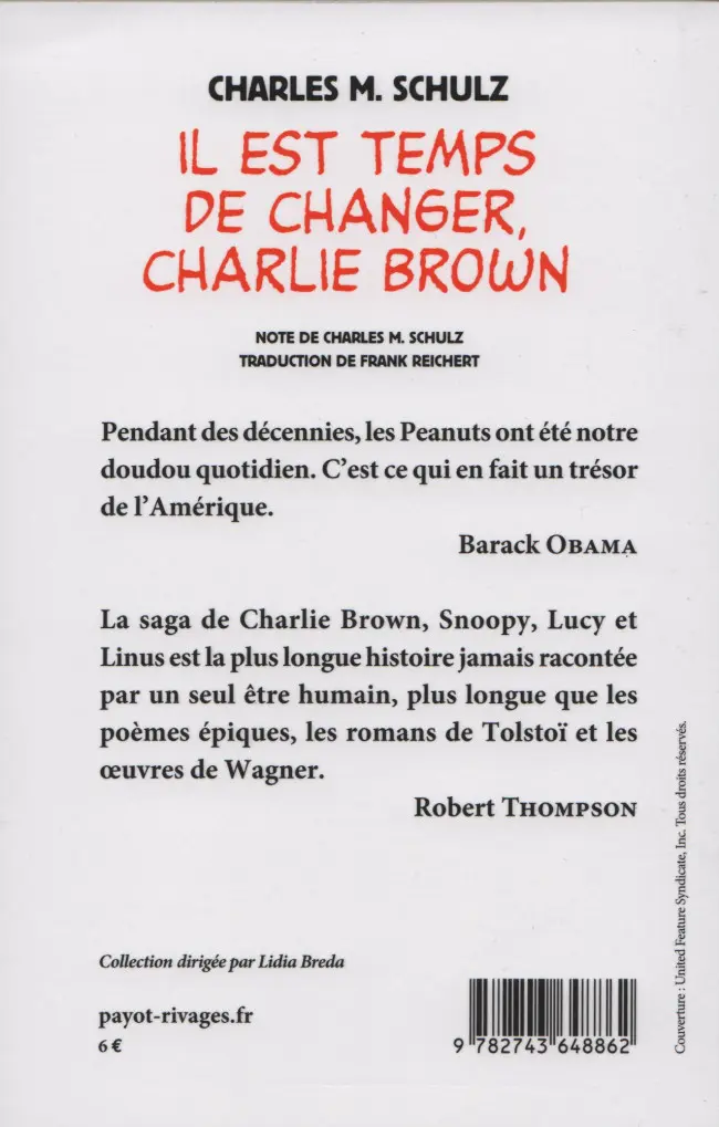 Verso de l'album Peanuts Tome 4 Il est temps de changer, Charlie Brown