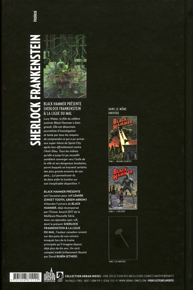 Verso de l'album Black Hammer Sherlock Frankenstein & la Ligue du Mal