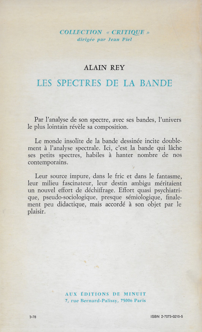 Verso de l'album Les Spectres de la bande dessinée. Essai sur la B.D.