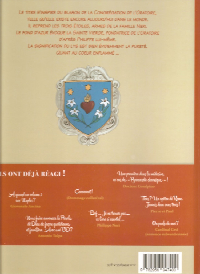 Verso de l'album De lys, d'azur étoilé et d'un Cœur enflammé Une vie de Saint Philippe Néri