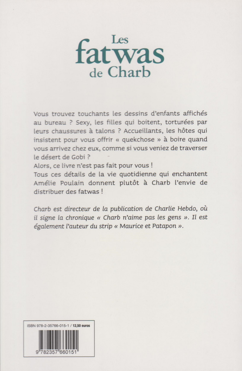 Verso de l'album Les fatwas de Charb Petit traité d'intolérance