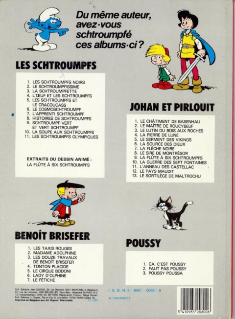 Verso de l'album Johan et Pirlouit Tome 1 Le châtiment de Basenhau