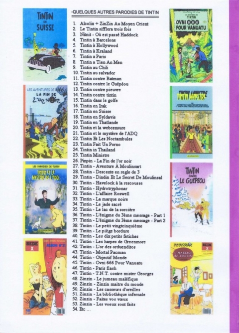 Verso de l'album Tintin Tintin chez les rastas