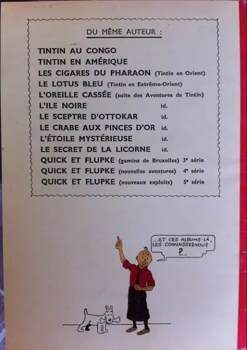 Verso de l'album Tintin Les 7 boules de cristal