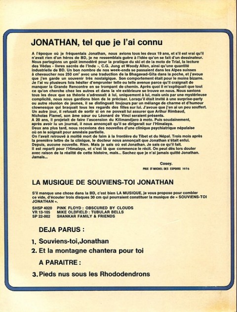 Verso de l'album Jonathan Tome 1 Souviens-toi, Jonathan...