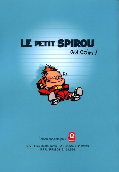 Verso de l'album Le Petit Spirou Albums publicitaires pour Quick Premier en âneries