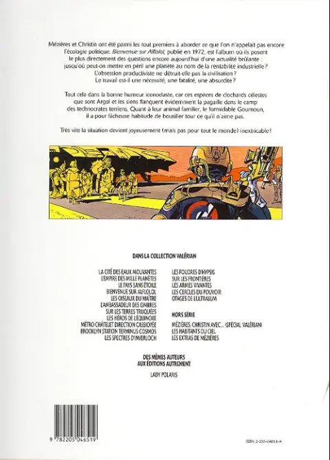 Verso de l'album Valérian Tome 4 Bienvenue sur Alflolol