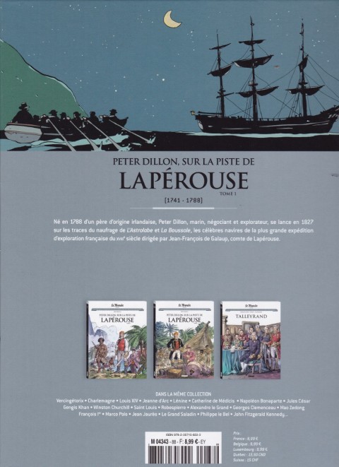 Verso de l'album Les grands personnages de l'Histoire en bandes dessinées Tome 88 Peter Dillon, sur la piste de Lapérouse 1/2