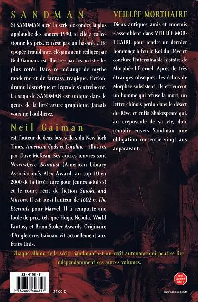 Verso de l'album Sandman Tome 10 Veillée mortuaire