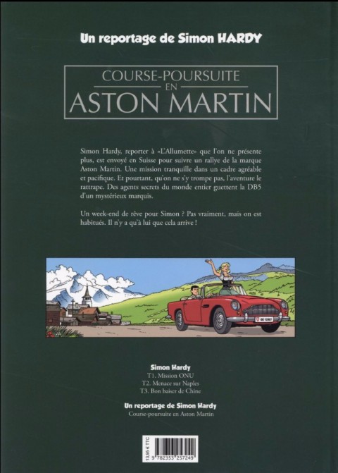 Verso de l'album Une aventure de Simon Hardy Un reportage de Simon Hardy - Course-poursuite en Aston Martin