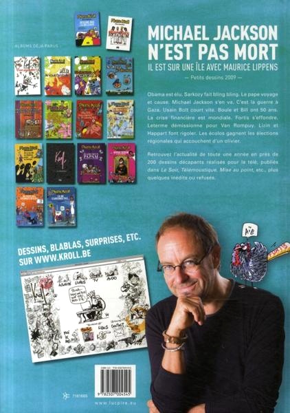 Verso de l'album Petits dessins Tome 15 Michael Jackson n'est pas mort, il est sur une île avec Maurice Lippens