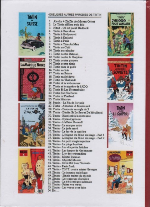 Verso de l'album Tintin Tintin et l'Alph-Art