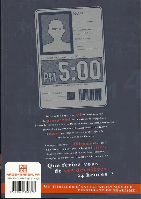 Verso de l'album Ikigami - Préavis de mort 1 Aux confins de la vengeance - La chanson oubliée