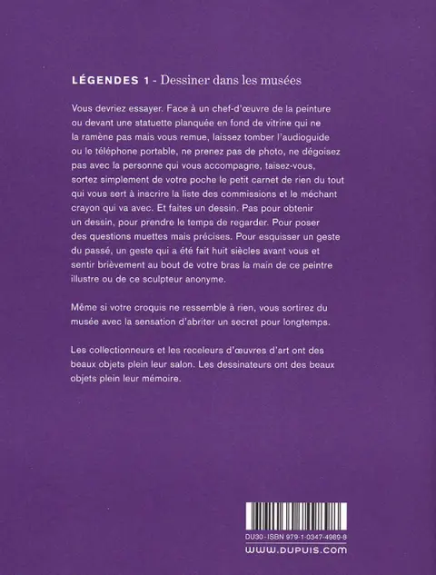 Verso de l'album Légendes Dessiner dans les musées et autres lieux de culte