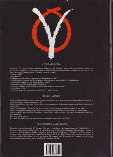 Verso de l'album V pour Vendetta Tome 1 Visages