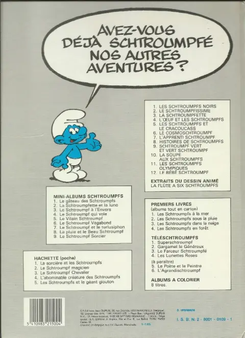 Verso de l'album Les Schtroumpfs Tome 2 Le Schtroumpfissime (+ Schtroumpfonie en ut)