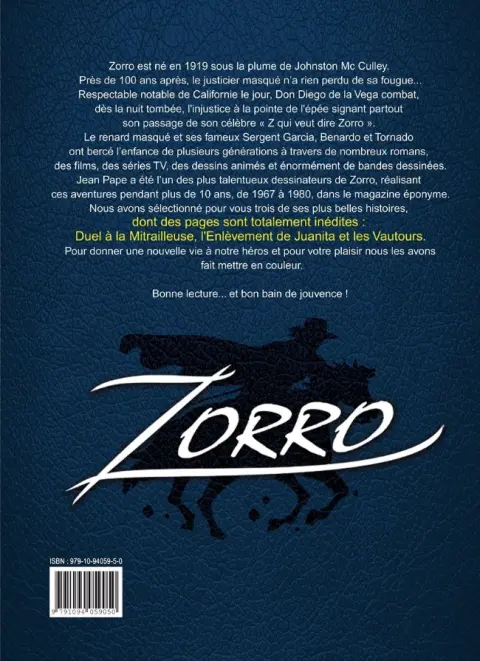 Verso de l'album Zorro Tome 1 L'enlèvement de Juanita