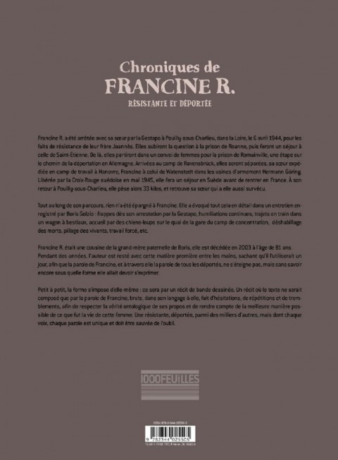 Verso de l'album Chroniques de Francine R., résistante et déportée