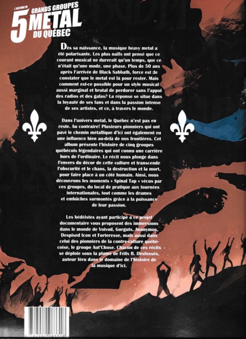 Verso de l'album L'histoire de 5 grands groupes métal du Québec Tome 1