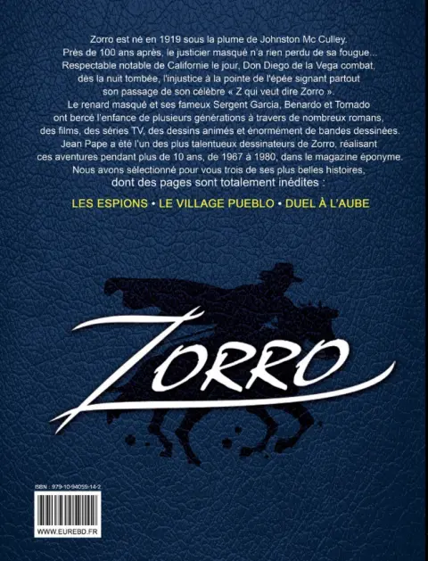 Verso de l'album Zorro Tome 2 les espions