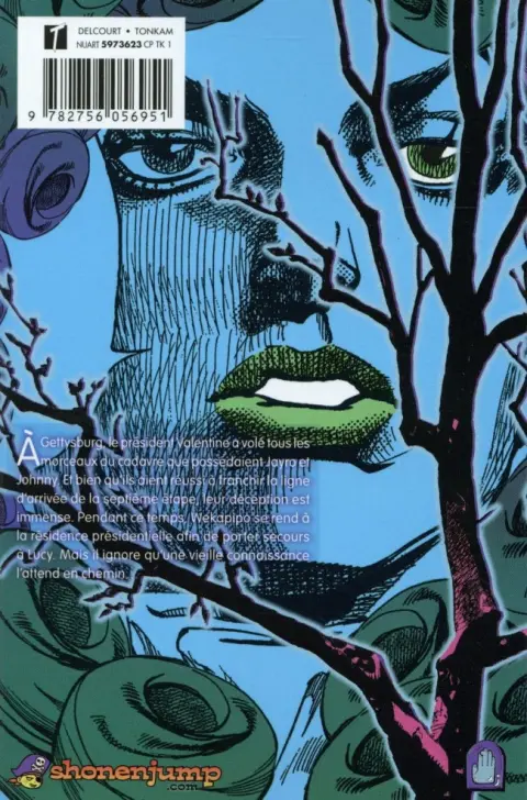 Verso de l'album Jojo's Bizarre Adventure : Steel Ball Run Vol. 16 (Sales coups pour trois fois rien)