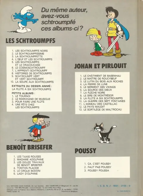 Verso de l'album Johan et Pirlouit Tome 11 L'anneau des Castellac