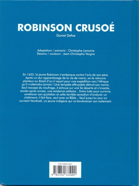 Verso de l'album Les Grands Classiques en bande dessinée Robinson Crusoé
