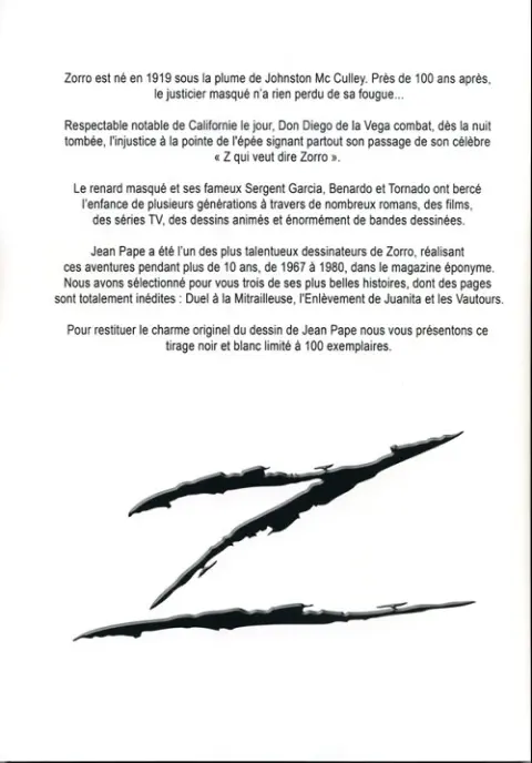 Verso de l'album Zorro Tome 1 L'enlèvement de Juanita