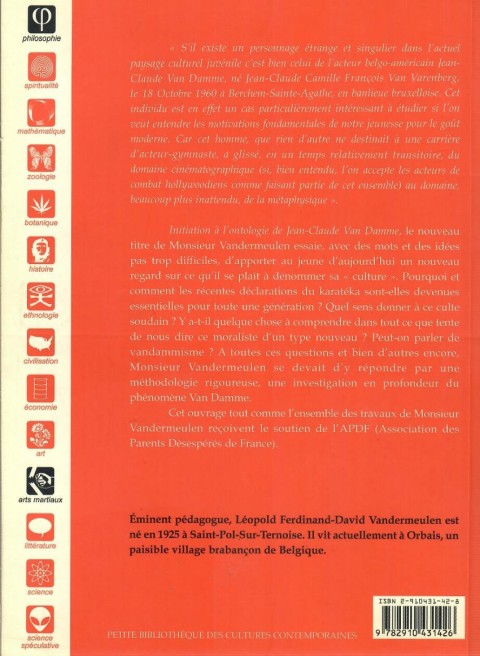 Verso de l'album Initiation à l'ontologie de Jean-Claude Van Damme Le concept aware, la pensée en mouvement