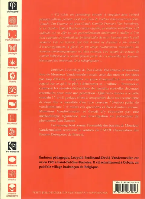Verso de l'album Initiation à l'ontologie de Jean-Claude Van Damme Le concept aware, la pensée en mouvement