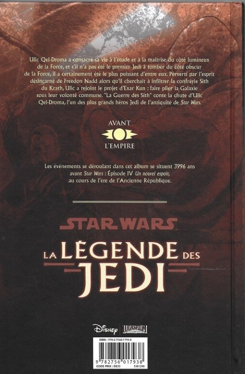 Verso de l'album Star Wars - La légende des Jedi Tome 5 La Guerre des Sith