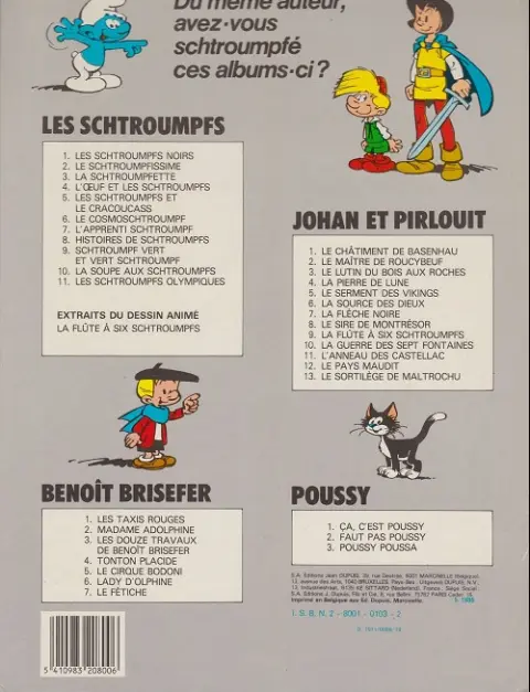 Verso de l'album Johan et Pirlouit Tome 9 La flûte à six schtroumpfs