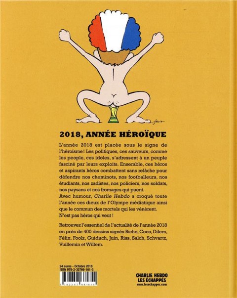 Verso de l'album Charlie Hebdo - Une année de dessins 2018, année héroïque