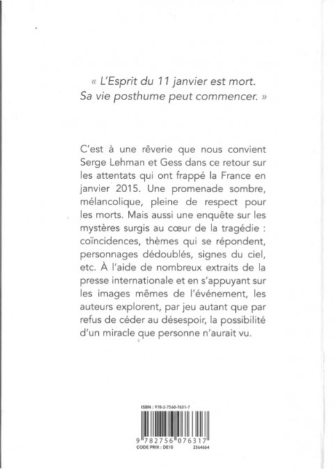 Verso de l'album L'Esprit du 11 janvier L'Esprit du 11 janvier - Une enquête mythologique