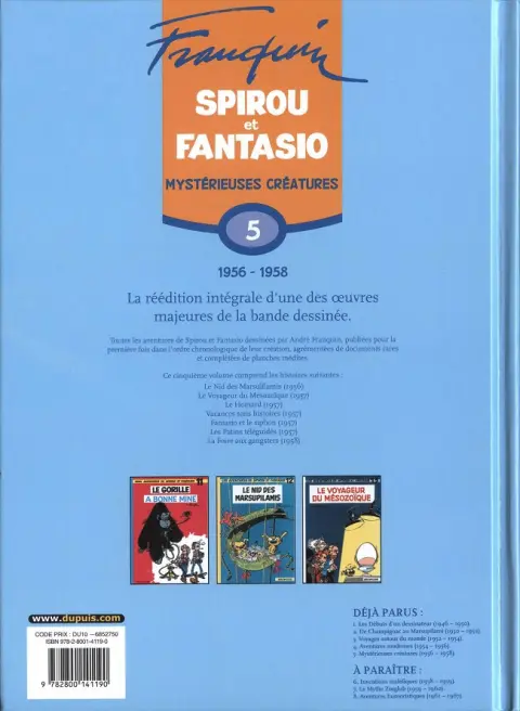 Verso de l'album Spirou et Fantasio - Intégrale Dupuis 2 Tome 5 Mystérieuses créatures (1956-1958)