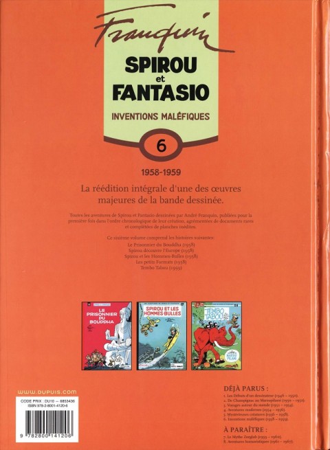 Verso de l'album Spirou et Fantasio - Intégrale Dupuis 2 Tome 6 Inventions maléfiques (1958-1959)