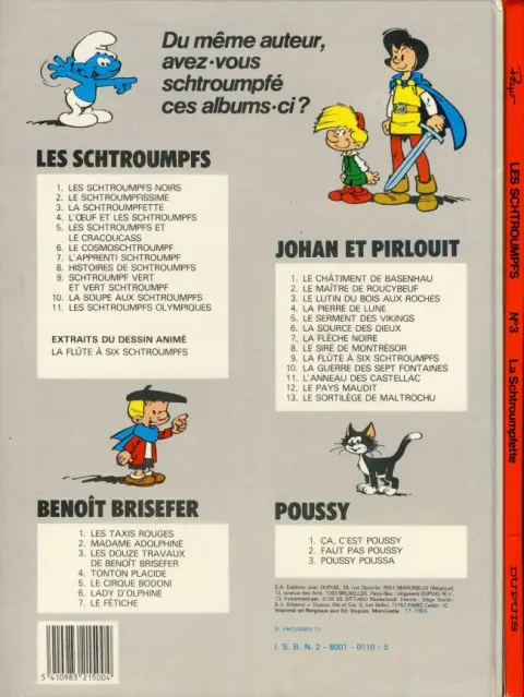 Verso de l'album Les Schtroumpfs Tome 3 La Schtroumpfette