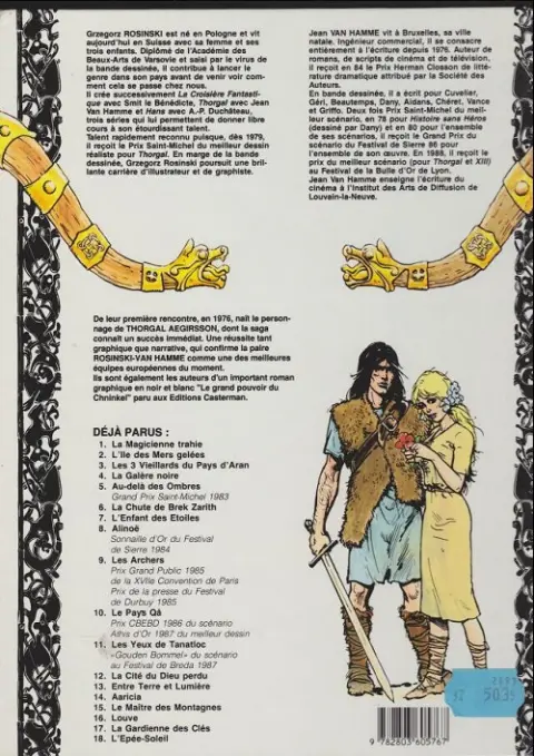 Verso de l'album Thorgal Tome 11 Les yeux de Tanatloc