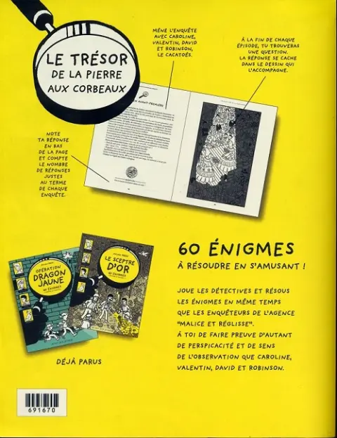 Verso de l'album 60 énigmes Le trésor de la pierre aux corbeaux