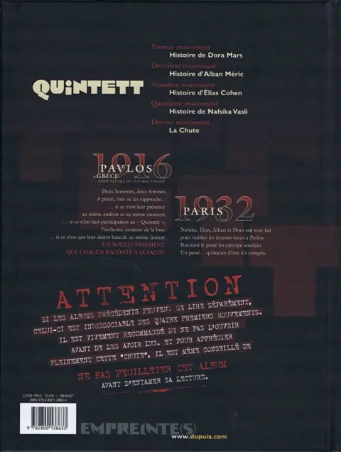 Verso de l'album Quintett Tome 5 Dernier mouvement : La chute