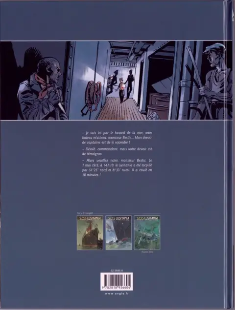 Verso de l'album S.O.S Lusitania Tome 2 18 minutes pour survivre