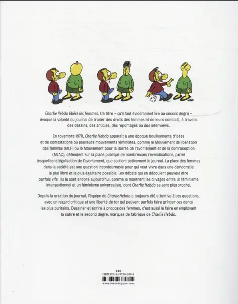 Verso de l'album Charlie Hebdo libère les femmes Un demi-siècle d'articles et de dessins sur le droit des femmes