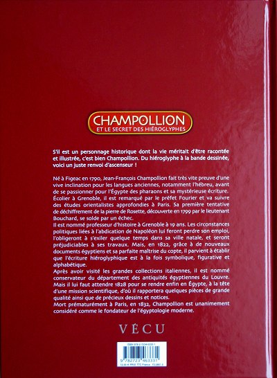 Verso de l'album Champollion et le secret des hiéroglyphes