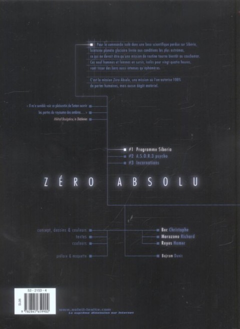 Verso de l'album Zéro absolu Tome 1 Programme Siberia