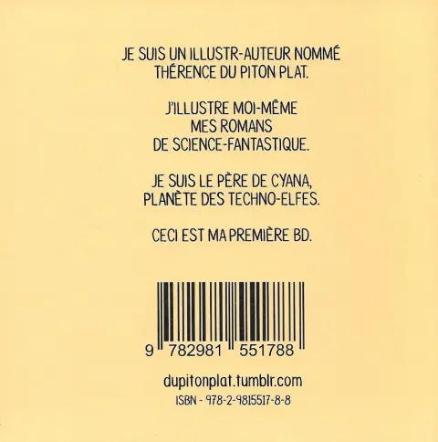 Verso de l'album Techno-Elfes, Chat et Bacon Les mésaventures d'un écrivain sans talent