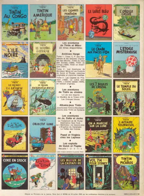 Verso de l'album Tintin Tome 18 L'affaire Tournesol