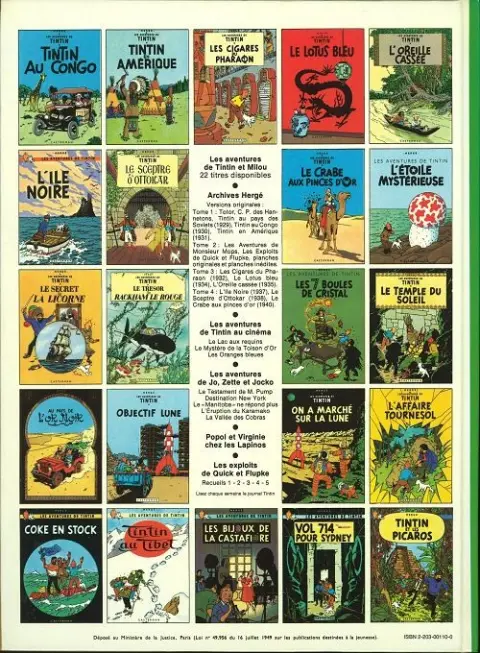 Verso de l'album Tintin Tome 11 Le Secret de la Licorne