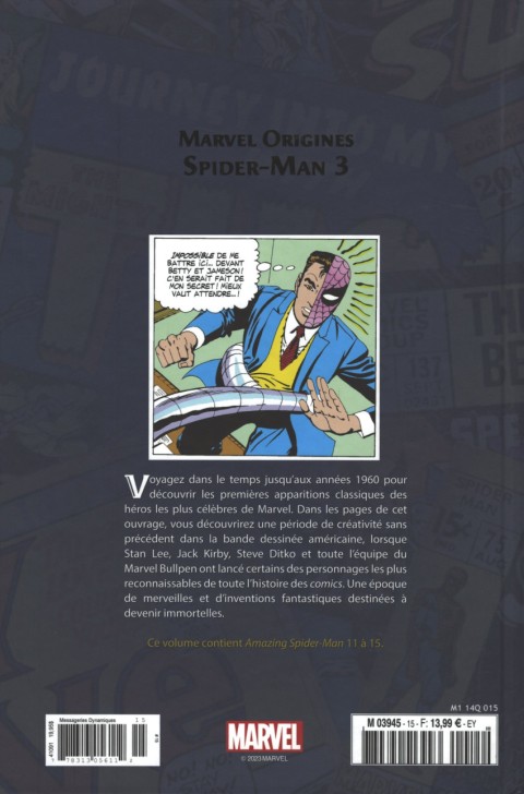 Verso de l'album Marvel Origines N° 15 Spider-Man 3 (1964)